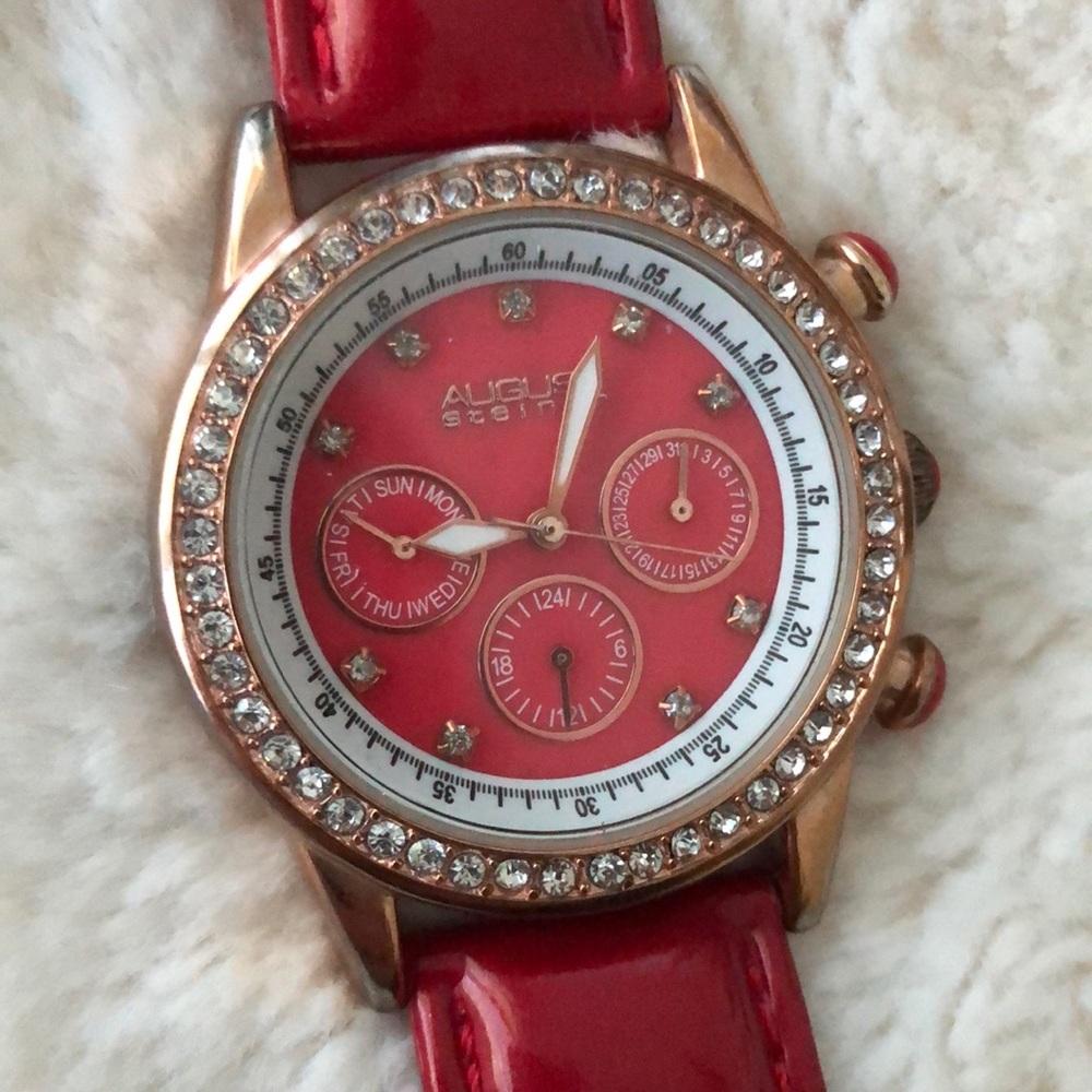 August Steiner Red Leather Crystal Watch